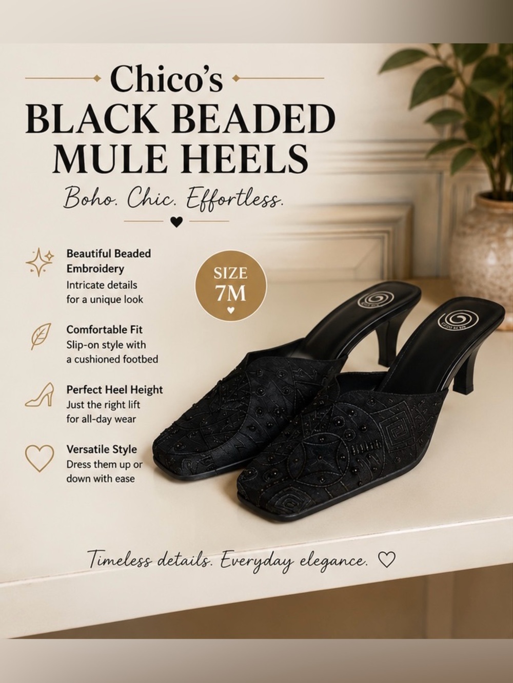 Chico’s Black Beaded Mule Heels Size 7M Boho Dress Shoes - Picture 2 of 9